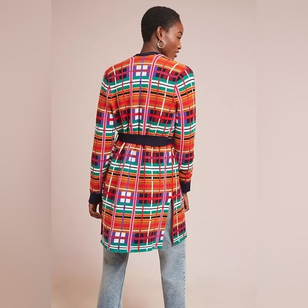 Anthropologie Moth Williston Plaid cardigan colorful knit tie waist coat sweater - Picture 6 of 12